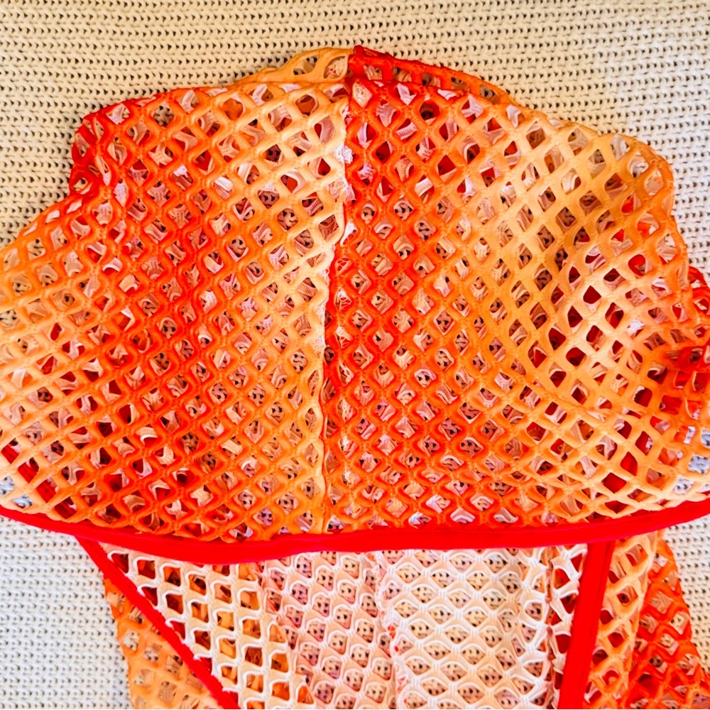 AKIRA Orange & Yellow Open Mesh Swim Coverup Long Maxi Dress w Hood Hooded Robe - Picture 10 of 16